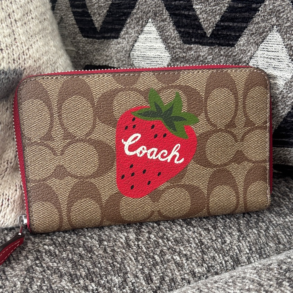 Coach Brown Wallet with Red Strawberry Design